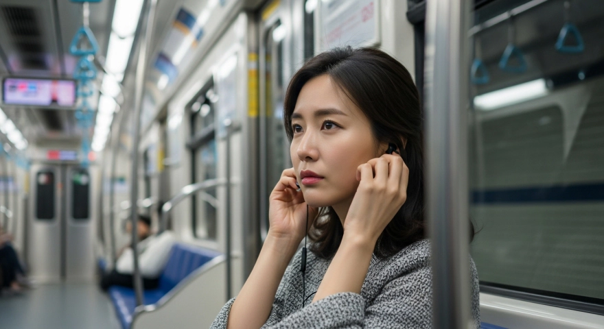 지하철에서 이어폰을 빼는 20대 여성 