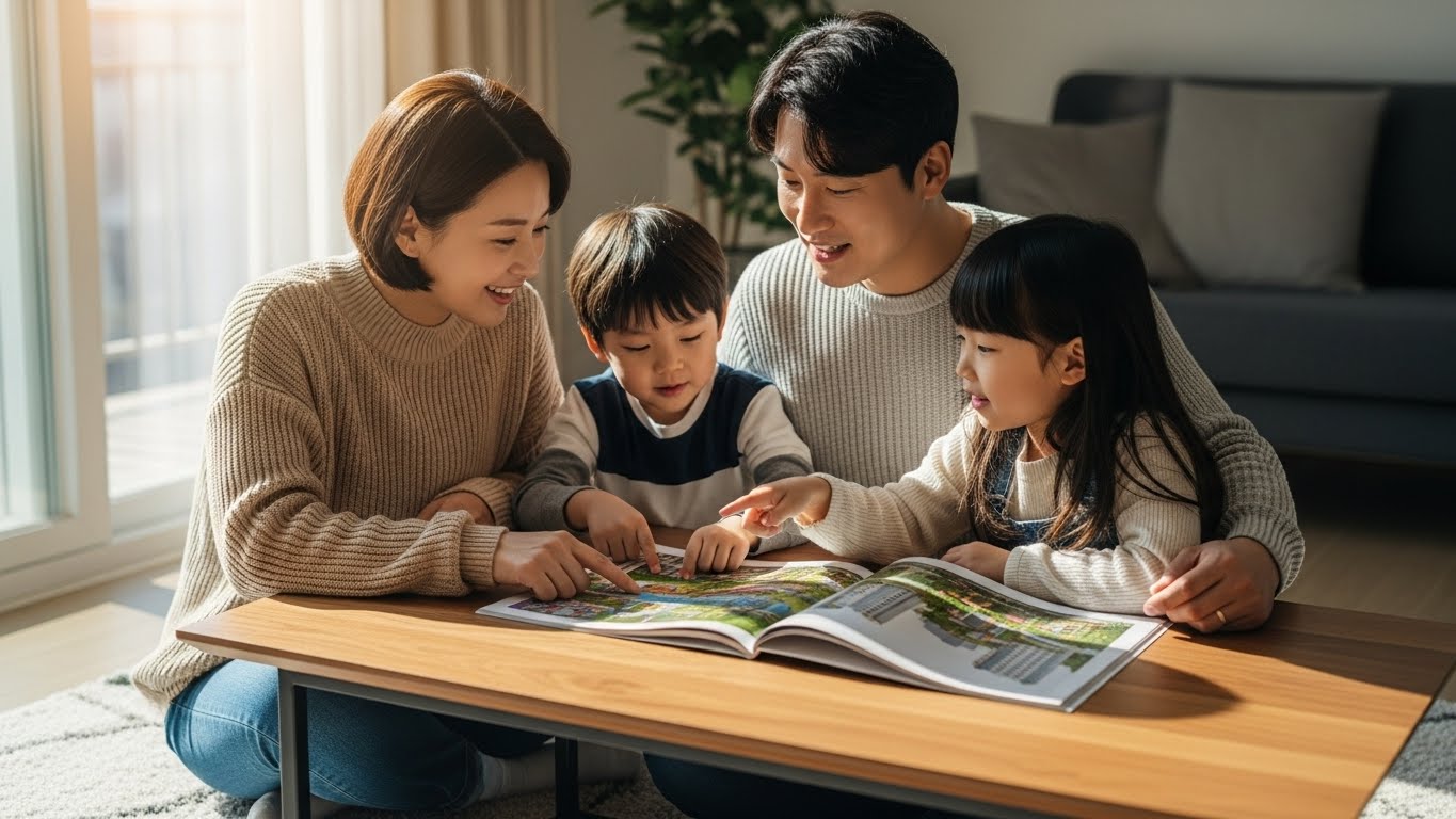 세금 혜택을 받아 마련할 새로운 가족 보금자리를 상상하며 행복해하는 가족의 모습