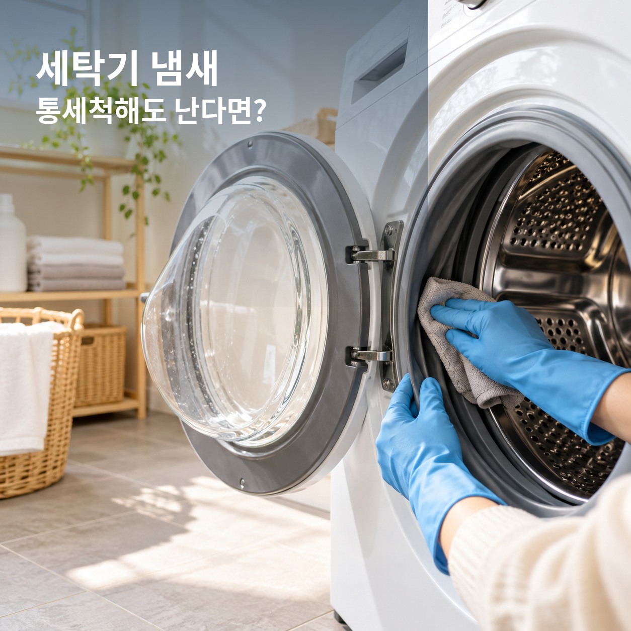 문을 연 드럼세탁기의 고무패킹을 파란 장갑을 낀 손으로 닦는 장면과 세탁기 냄새 해결 문구