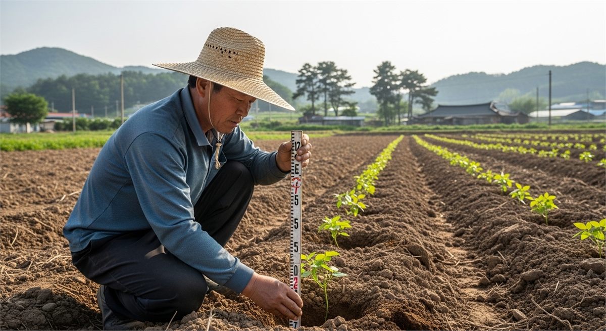  두릅나무 아주심기 간격을 확인하는 한국인 농부의 모습 