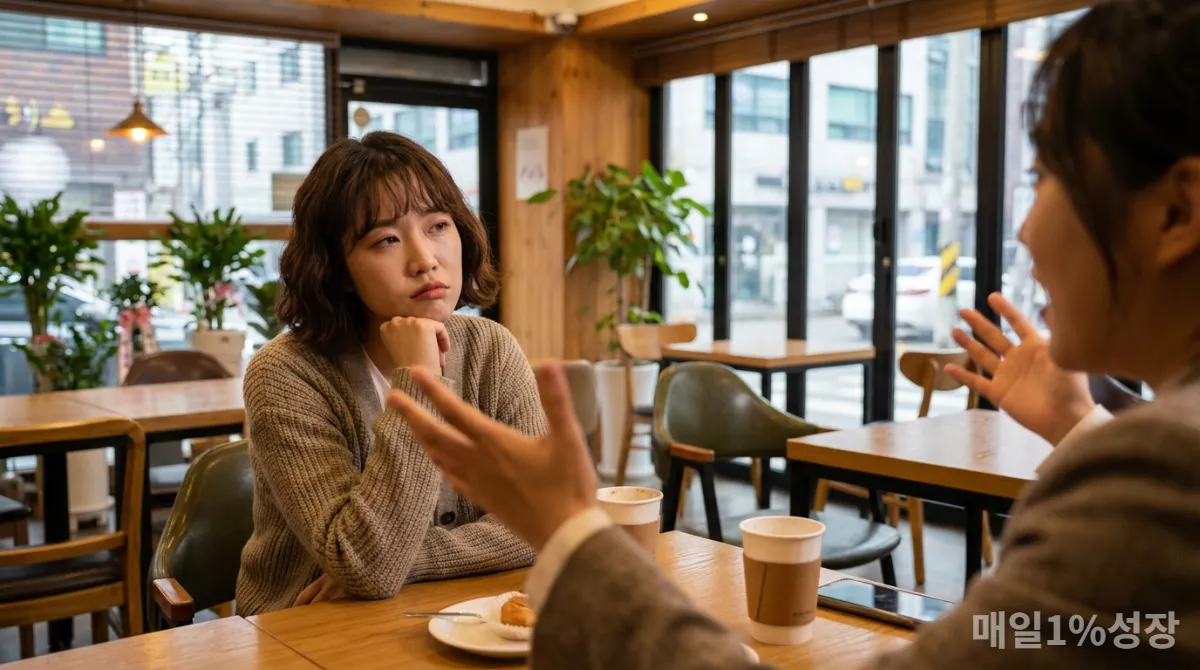 한국 카페에서 일방적인 대화를 듣고 지루해하는 사람