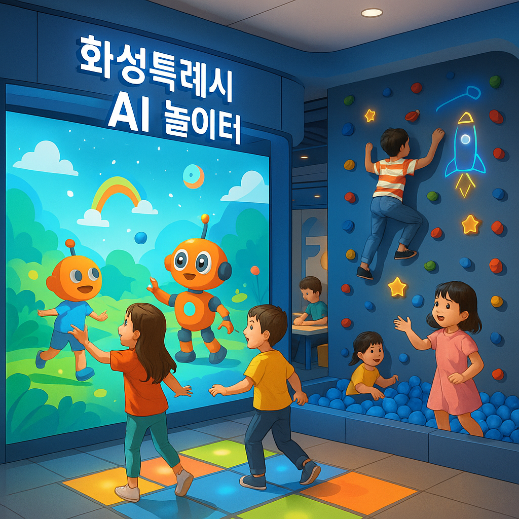 “화성특례시 AI 놀이터에서 아이들이 디지털 체험을 즐기는 모습 – AR 놀이와 인터랙티브 클라이밍을 체험 중인 아이들”