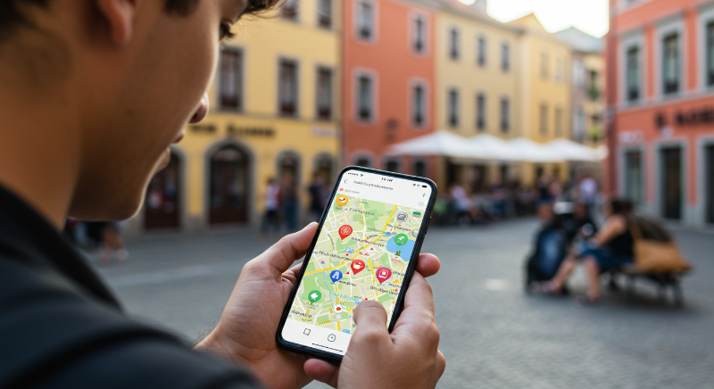 해외에서 스마트폰으로 지도, 맛집 검색 등 모든 것을 해결하는 모습.