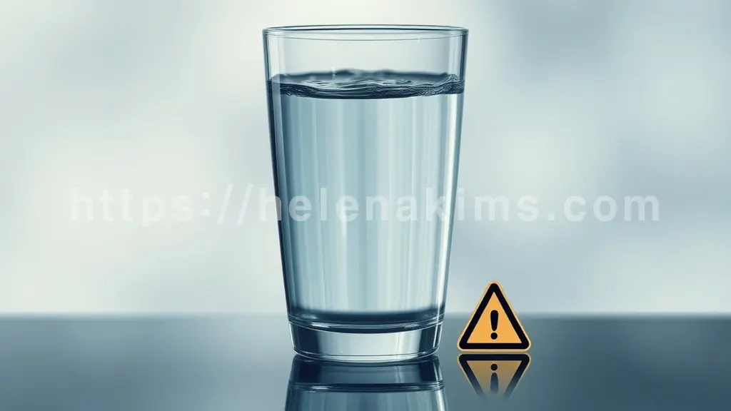 . 맑은 물이 넘치려는 투명한 유리잔 옆에 '주의'를 상징하는 아이콘이 있는 이미지.