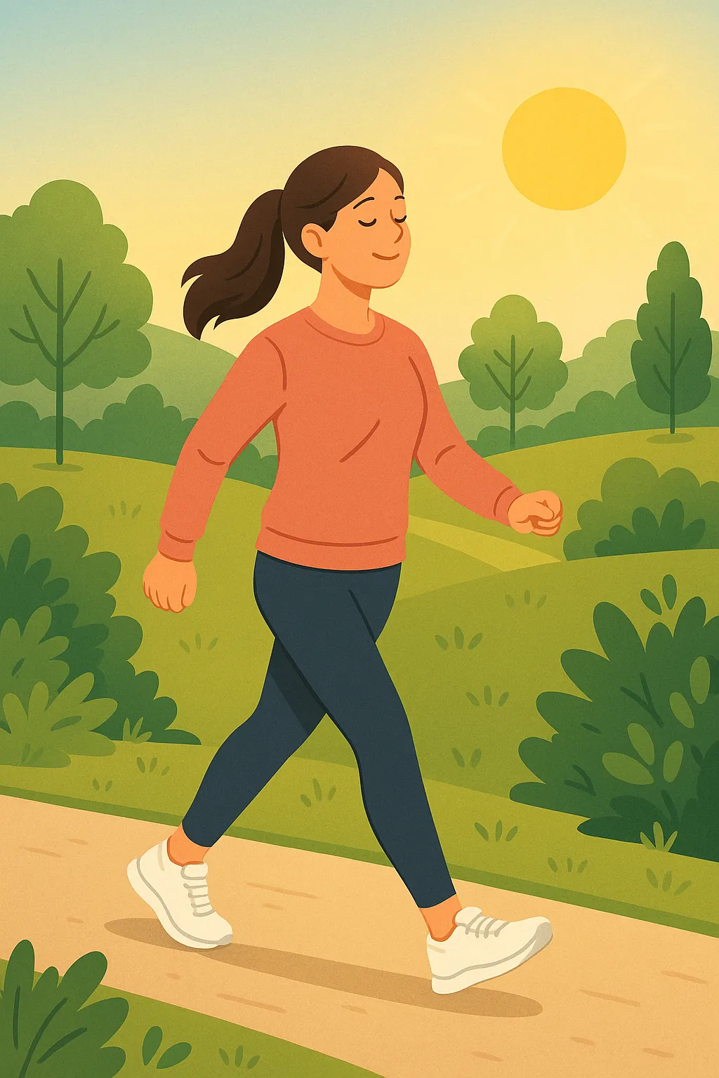 햇살이-비추는-공원-길을-따라-가볍게-산책하는-여성이-상쾌한-기분과-활력을-느끼는-모습을-표현한-건강-라이프스타일-일러스트