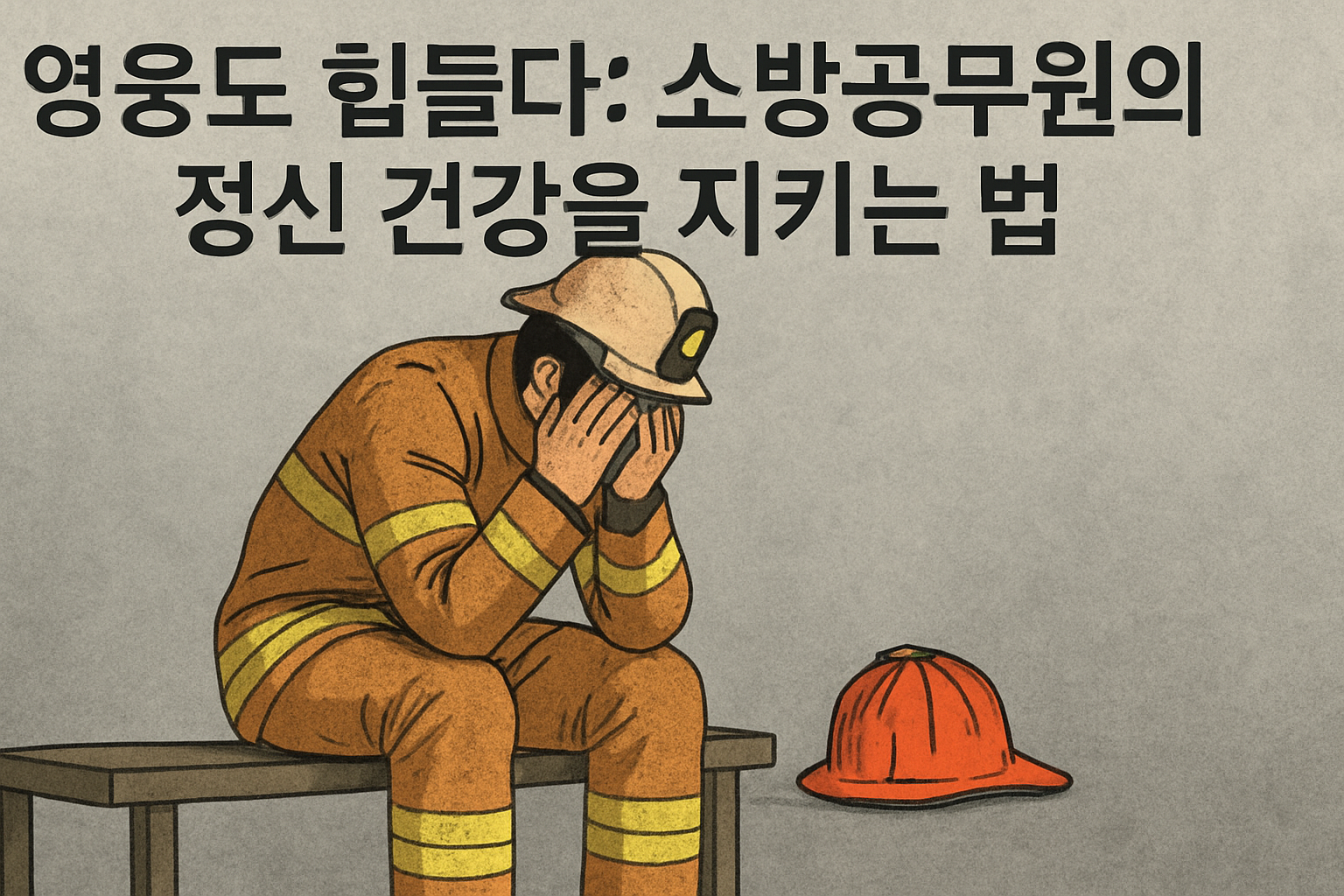 소방복을-입은-소방관이-벤치에-앉아-고개를-숙이고-얼굴을-감싼-채-깊은-스트레스를-겪는-모습-바닥에는-붉은-소방-헬멧이-놓여-있어-긴장된-분위기를-강조함