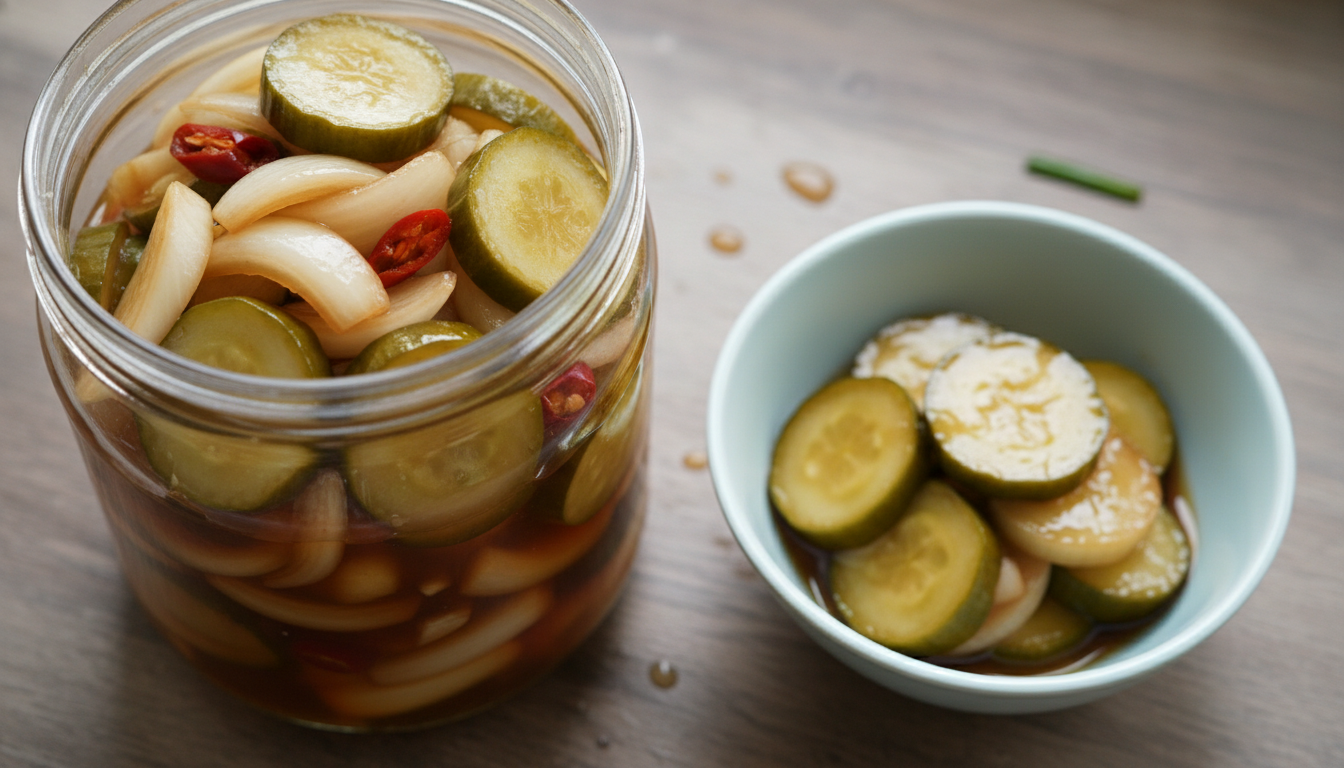 매실청으로 맛을 더한 새콤달콤한 햇양파 오이장아찌가 투명한 유리병에 담겨 있고, 작은 그릇에 덜어져 놓여 있는 모습.