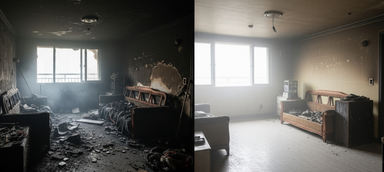 아파트 화재 청소 전후 모습 95%