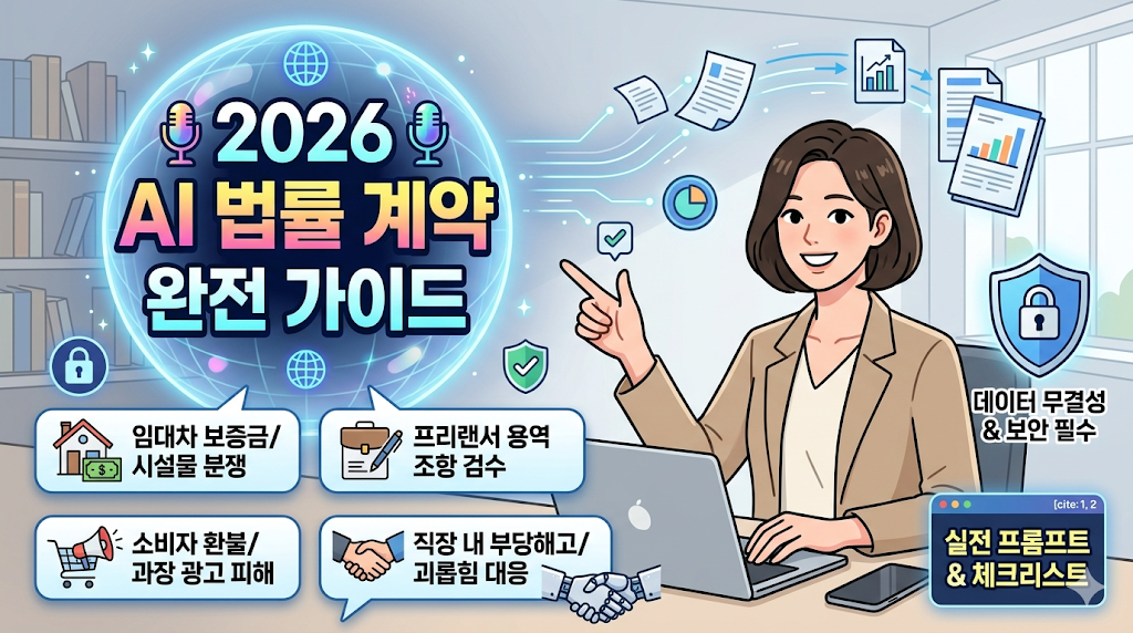 한 여성 직장인이 '2026 AI 법률 계약 완전 가이드'라고 적힌 화면을 가리키며 임대차 분쟁, 프리랜서 용역 조항 검수 등 4대 생활 밀착형 시나리오별 AI 활용법과 실전 프롬프트 및 개인정보 비식별화 보안 수칙을 요약한 스마트한 인포그래픽 썸네일입니다.