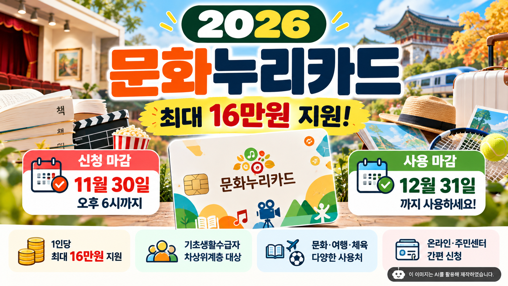 2026 문화누리카드 최대 16만원 지원 신청자격 11월 30일 발급 마감 12월 31일 사용기한 사용처 잔액조회 방법