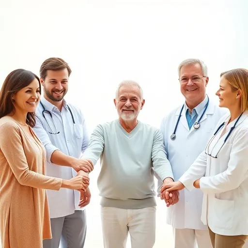 환자와 가족, 의료진이 함께 손을 잡거나 서로 격려하는 모습, 혹은 부비동암 환우회나 지원 단체가 함께하는 따뜻한 분위기를 연출합니다. 연대와 희망의 메시지를 전달할 수 있도록 밝고 긍정적인 색감을 사용합니다.