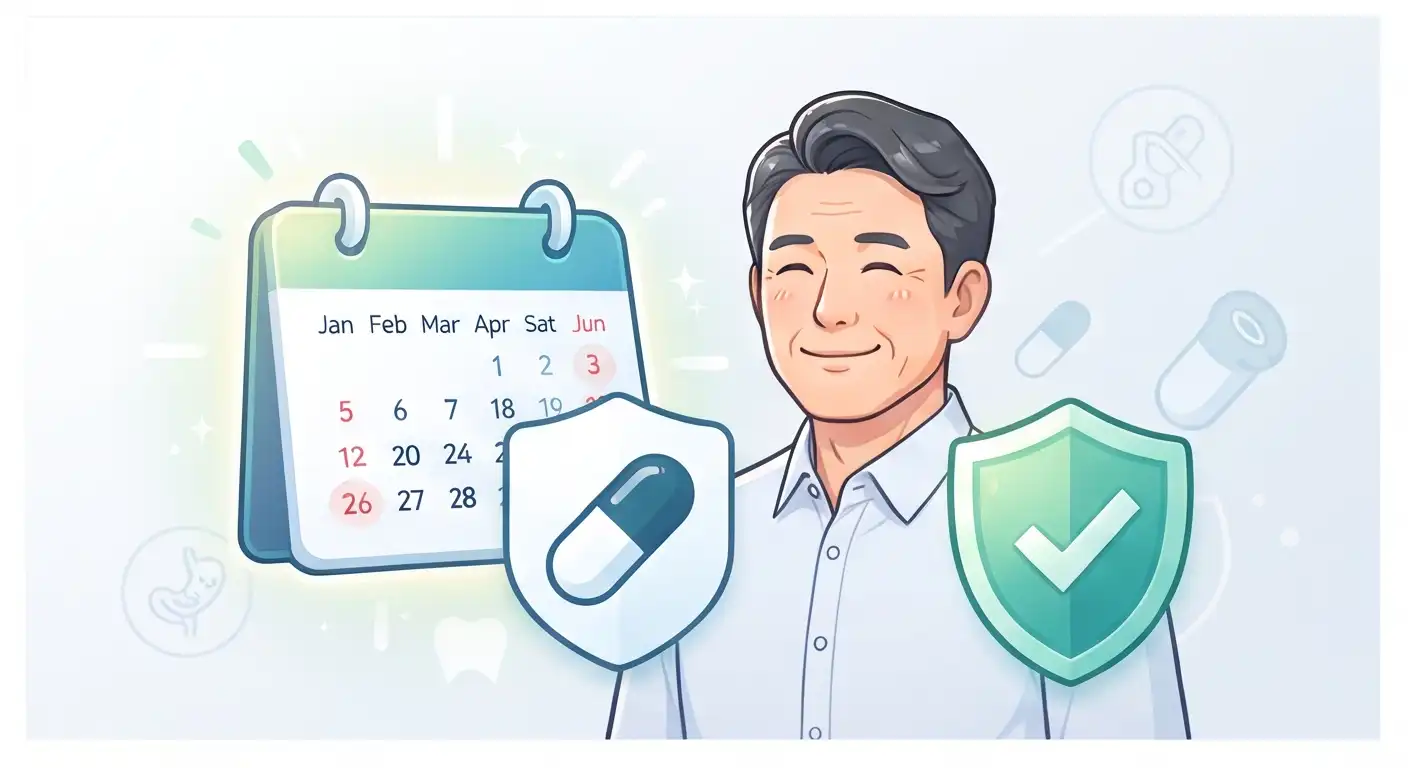 6월 상반기 날짜가 강조된 캘린더와 건강 수호 방패 및 알약 일러스트
