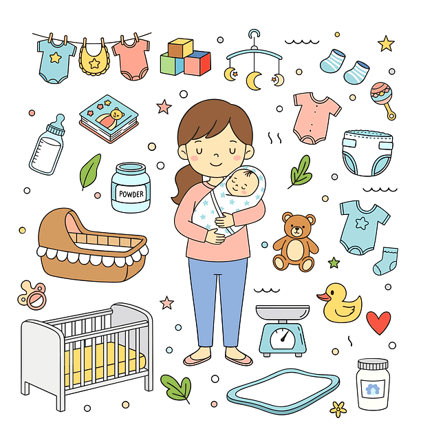포대기에 싸인 갓난아기를 안은 젊은 여자가 두 눈을 감고 서 있다. 주변엔 젖병, 아기옷, 침대, 곰인형, 장난감 그림들이 그려졌다.