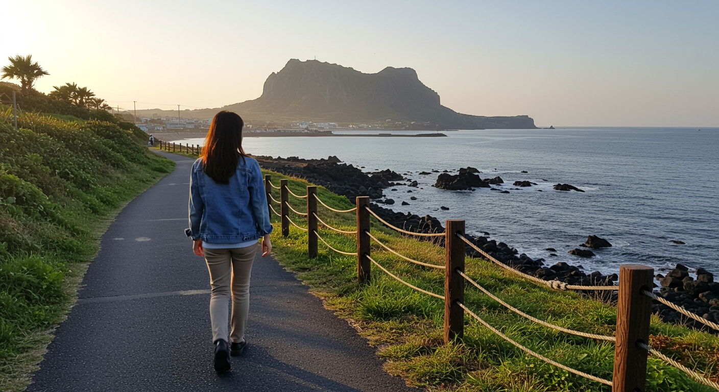 제주 서쪽 해안길을 걷는 한국인과 바다를 마주한 감성 스테이의 여유로운 풍경.