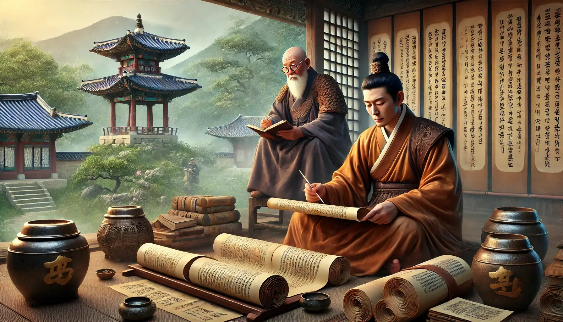 여기 신라의 고승 원효와 의상이 불교 경전을 연구하고 저술하는 모습을 담은 이미지를 제공드립니다.