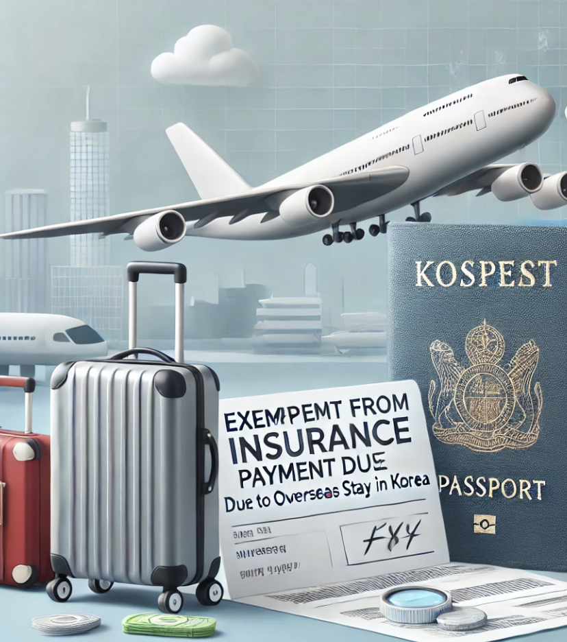 해외 체류 시 보험료 면제를 상징하는 공항과 여권 장면.