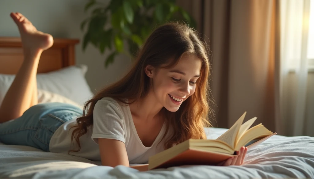 힐링 글귀를 보며 웃는 여자 이미지