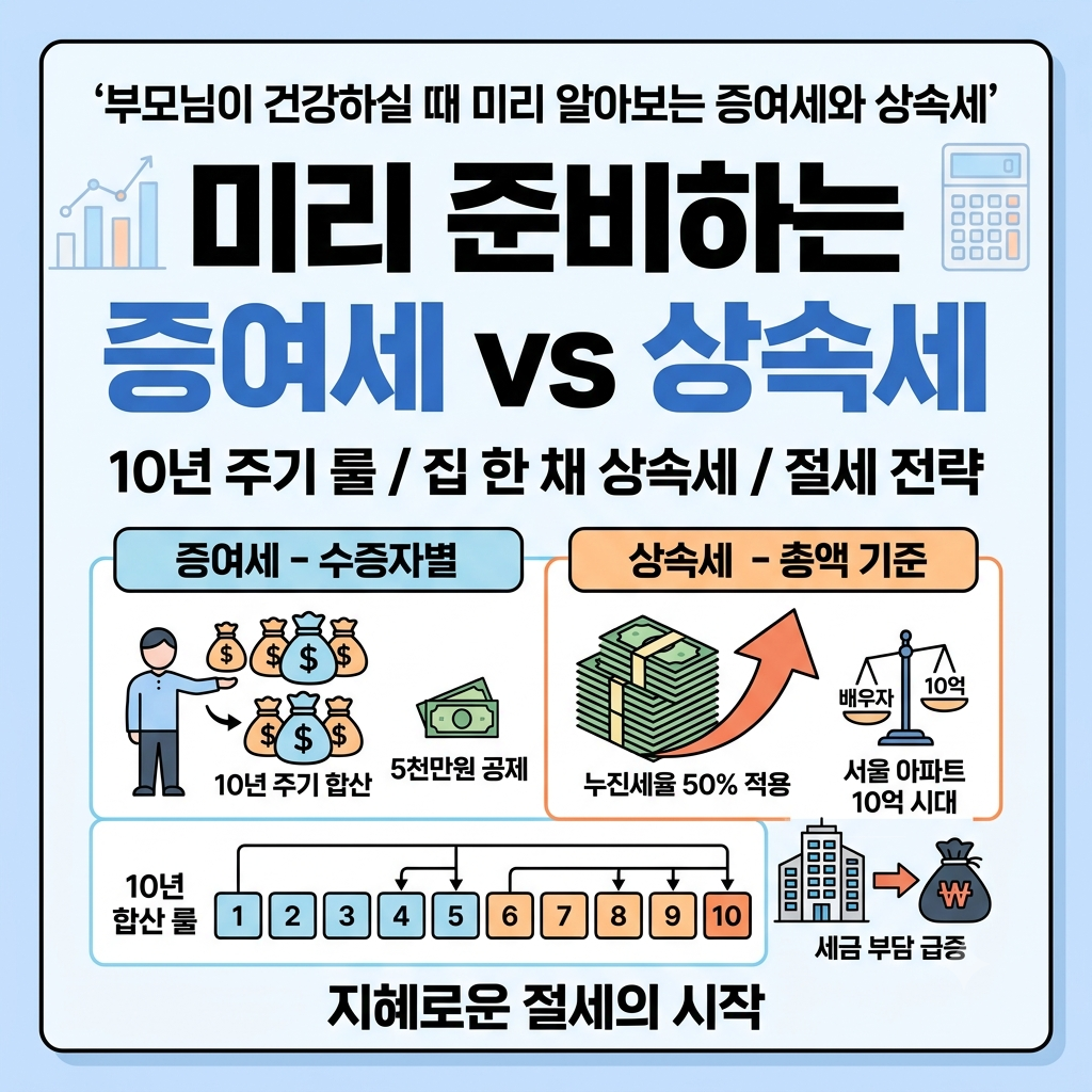 부모님이 건강하실 때 미리 알아보는 증여세와 상속세, 차이 알아보기 (10주년 주기, 세율, 감정평가)