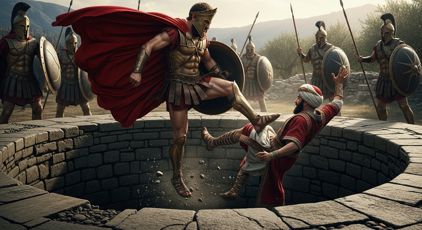 레오니다스가 페르시아 사신을 발로 차 구덩이로 밀어 넣는 바로 그 순간)