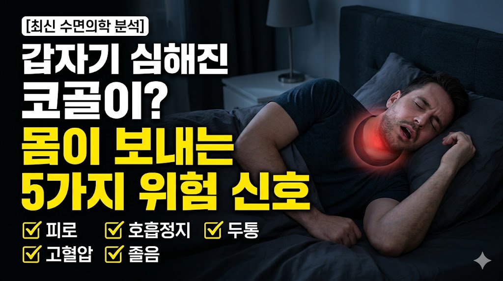 어두운 침실에서 목이 불편한 상태로 자고 있는 남성의 이미지 위에 '갑자기 심해진 코골이? 몸이 보내는 5가지 위험 신호 [최신 수면의학 분석]'라는 텍스트가 명확하게 강조된 블로그 정보성 섬네일