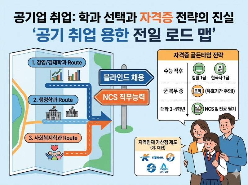 공기업 취업을 위한 학과별 선택 경로와 수능 직후 자격증 취득 골든타임을 정리한 인포그래픽 로드맵