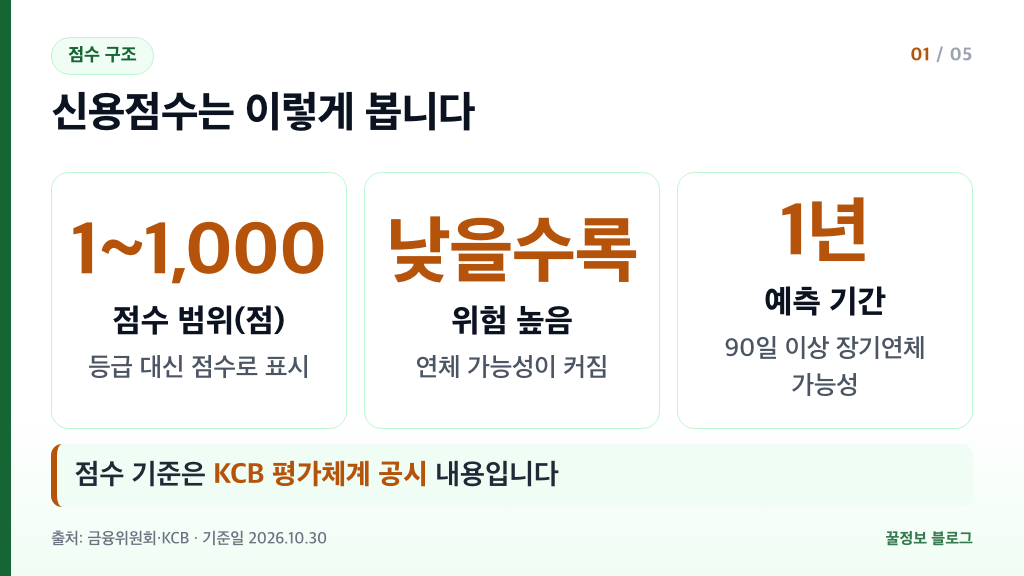 신용점수 범위 1~1,000점 낮을수록 위험 높음 향후 1년 내 90일 이상 장기연체 가능성 정리