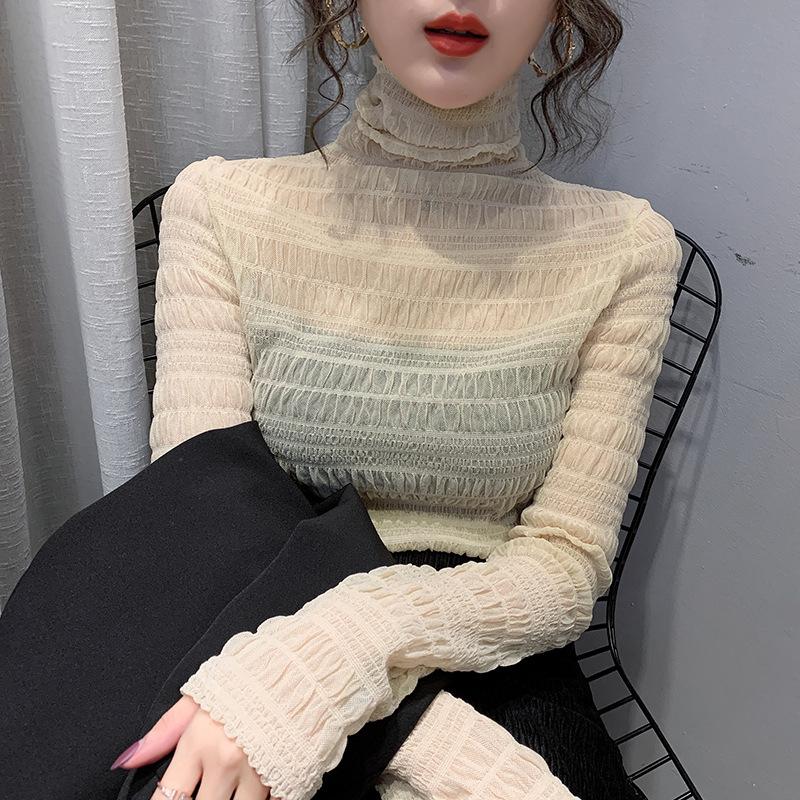 레이스이너 망사 블라우스 티 시스루 목폴라 셔츠 라운드넥