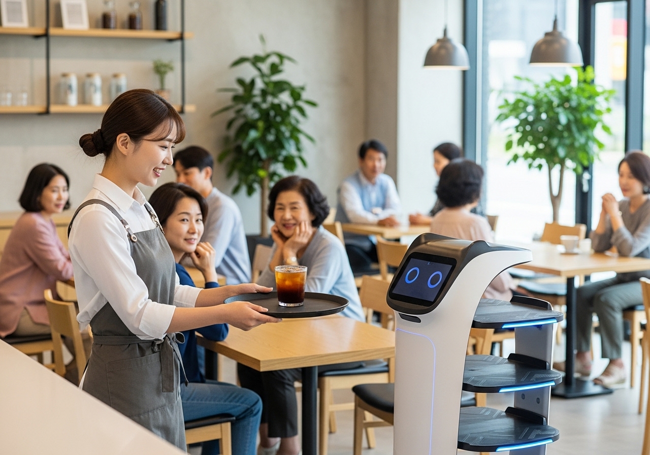 barista hands over a drink on a tray to a small service robot