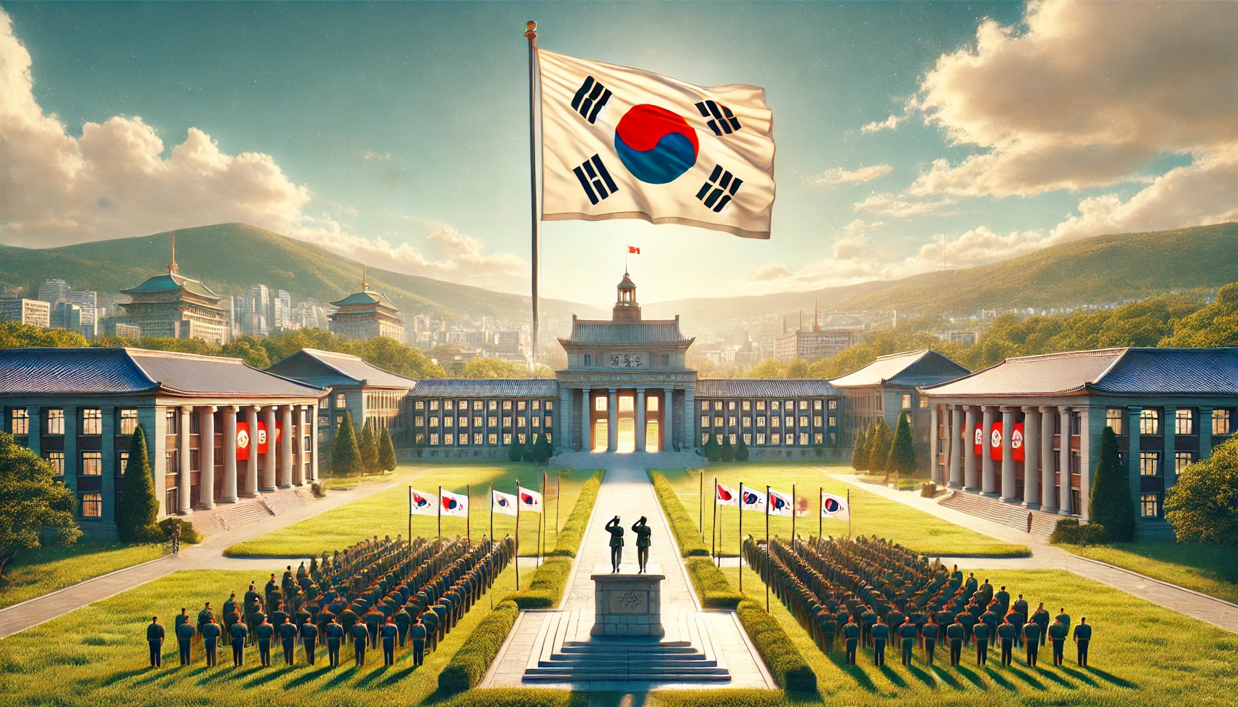 육군사관학교 캠퍼스와 깃발이 휘날리는 장면