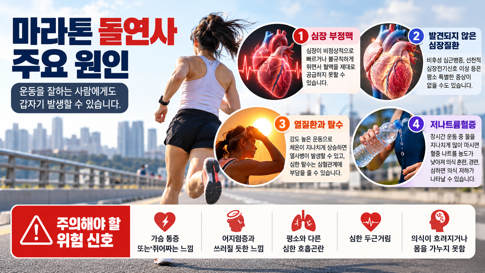 마라톤 돌연사 주요 원인 4가지 심장 부정맥 심장질환 열질환 탈수 저나트륨혈증과 위험 신호