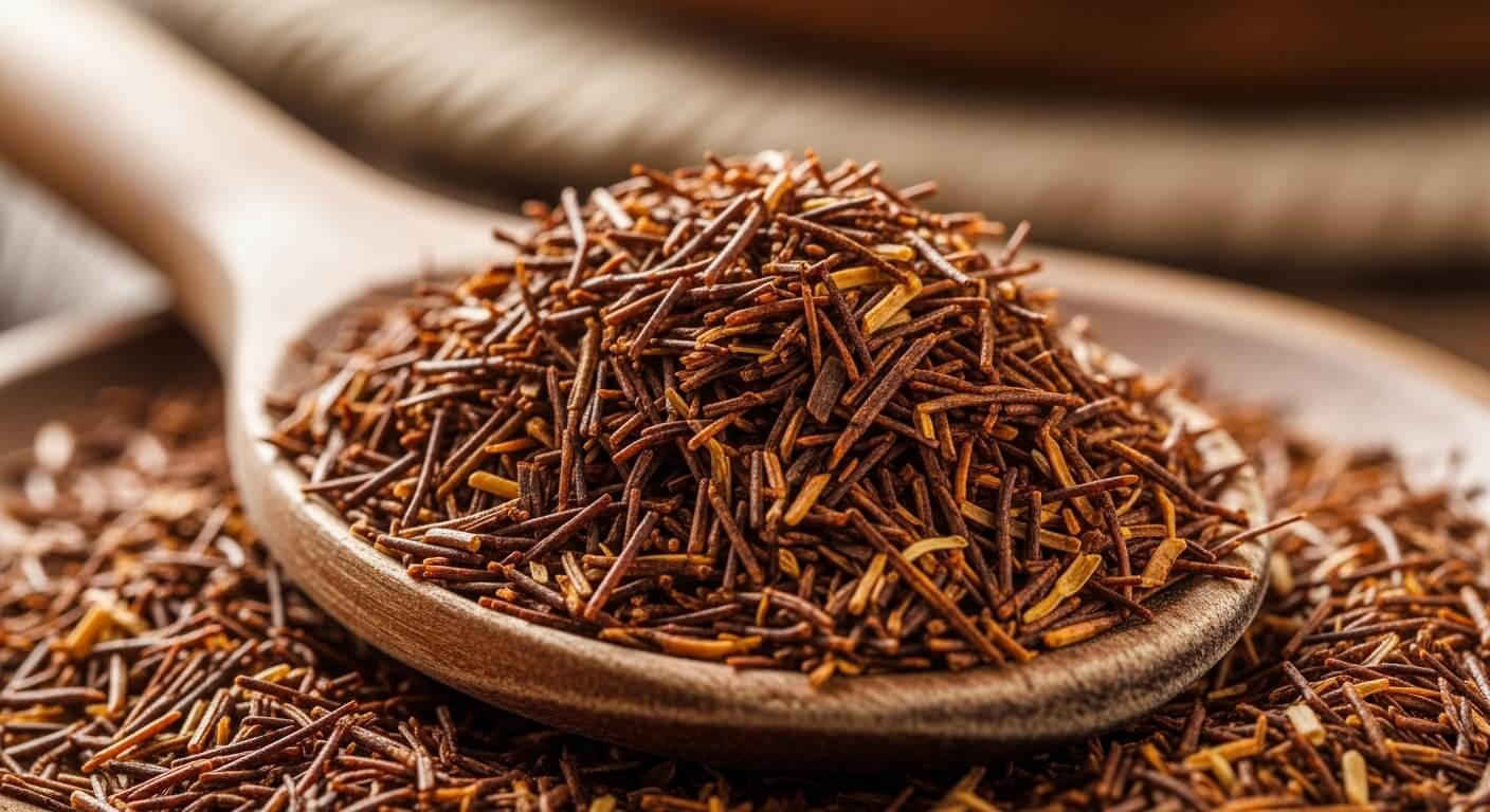 나무 스푼 위에 담긴 잘 건조된 붉은 갈색의 루이보스 찻잎 상세 샷