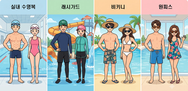 수영복 종류 실내 수영복 래시가드 비키니 원피스 비교