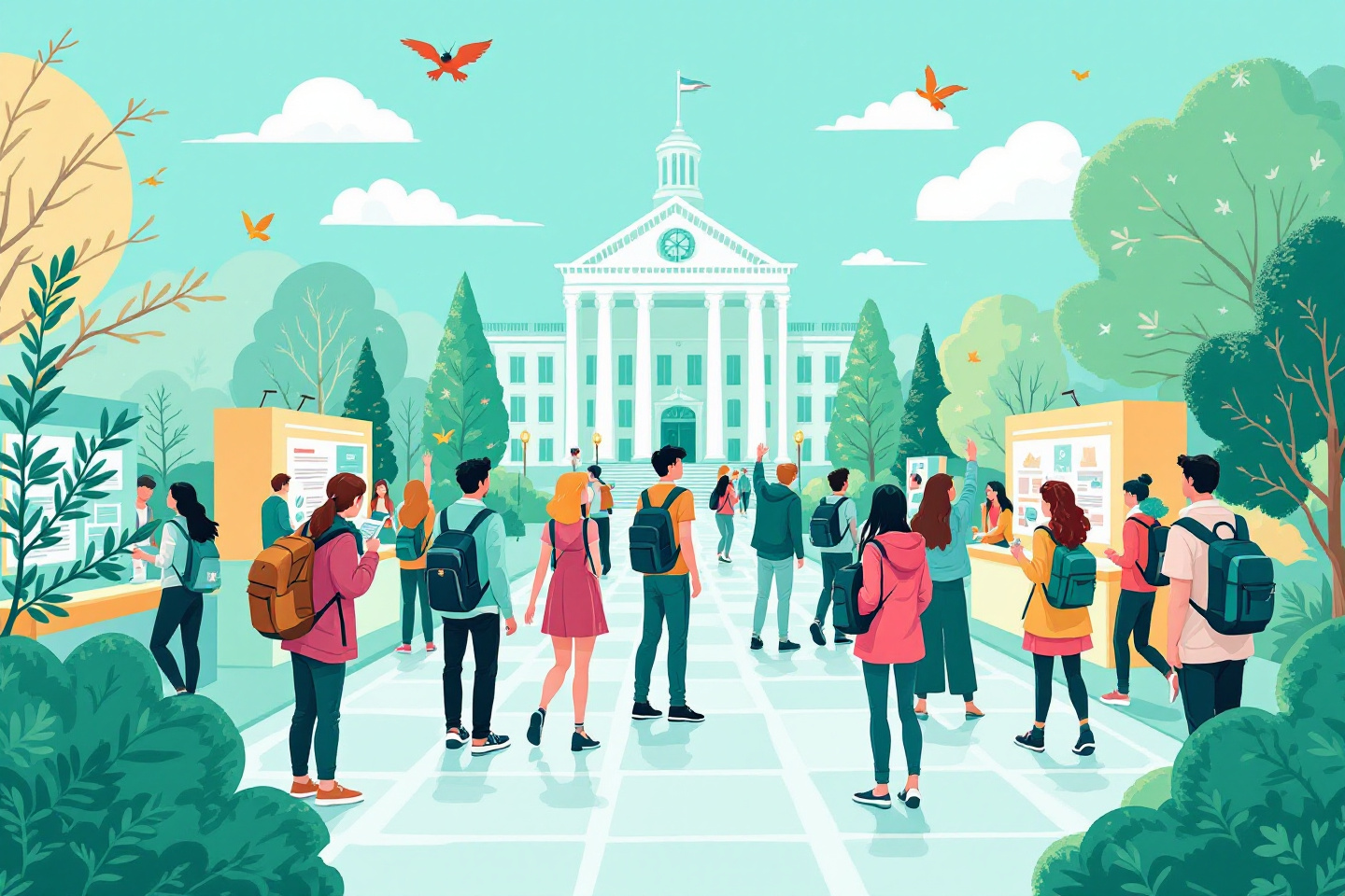 애니매이션 그림으로 대학 본관의 모습이 멀리 보이고 그 앞에 학생들이 주변에 동아리 부스에서 사람들과 함께 대화를 나누고 있는 이미지
