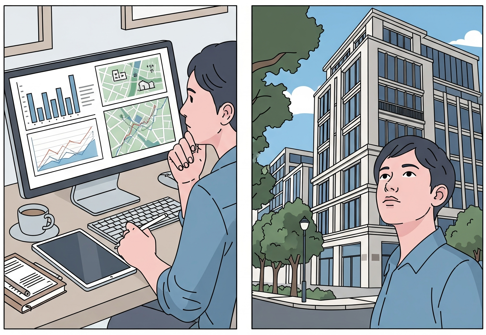 데이터 분석 후 직접 현장을 확인하는 '임장'의 중요성을 나타내는 이미지