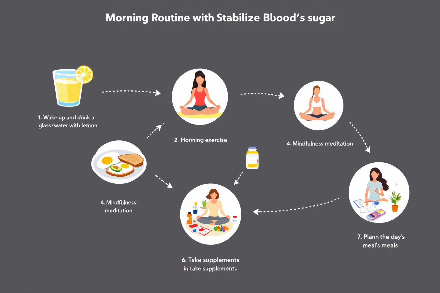 "혈당을 안정시켜주는 아침 루틴 7단계를 도식화한 다이어그램"