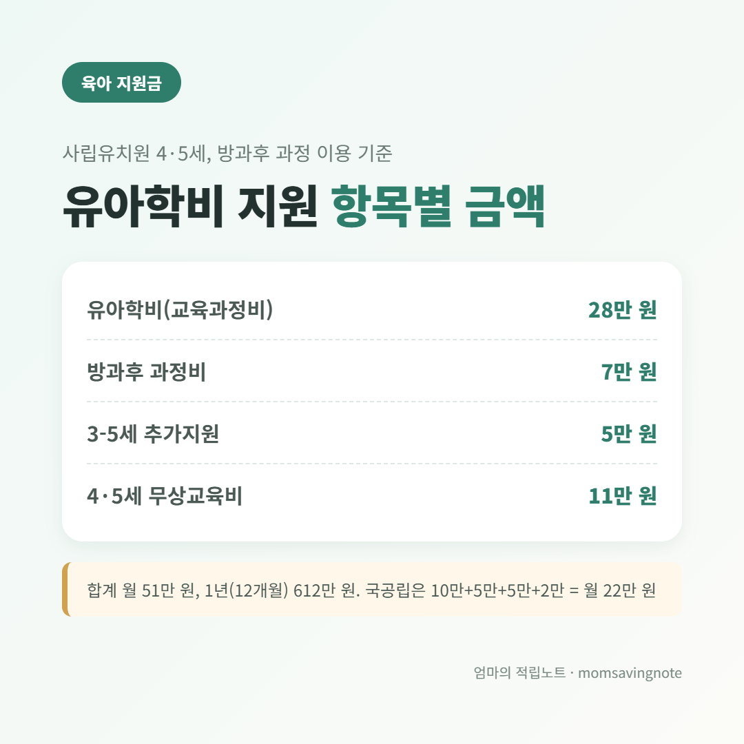 사립유치원 4&middot;5세 유아학비 지원 항목별 금액, 유아학비 28만 원, 방과후 과정비 7만 원, 추가지원 5만 원, 무상교육비 11만 원