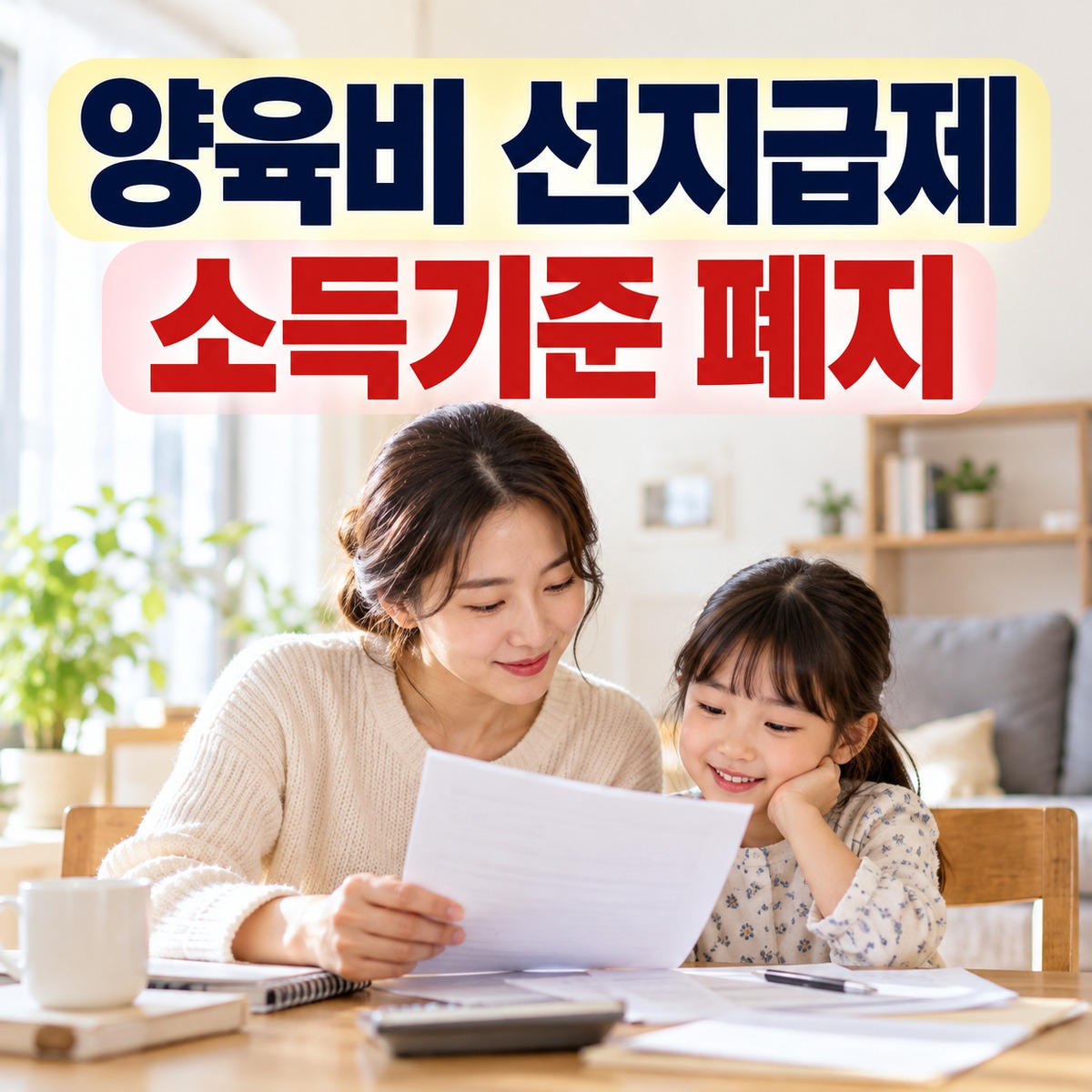 자녀와 함께 생활비 계획을 확인하는 한부모 가정의 모습