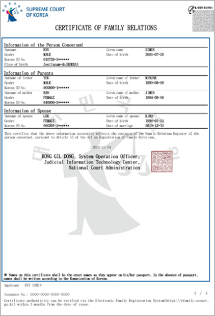 영문 가족관계증명서