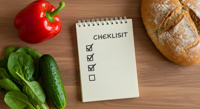 빵과 채소 옆에 놓인 체크리스트 컨셉 이미지