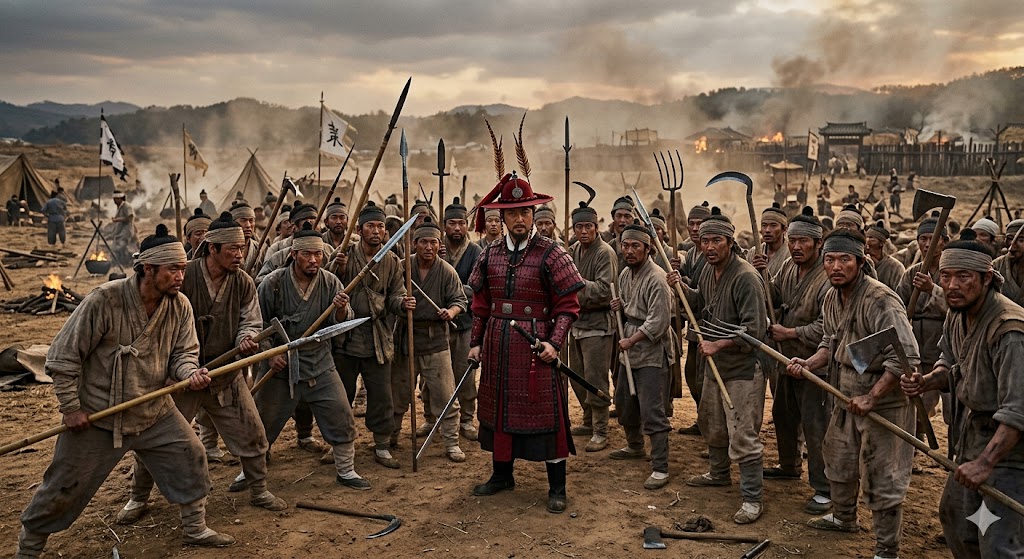 흙먼지 날리는 전장 속에서 붉은 철릭을 입은 곽재우 장군과, 농기구를 꽉 쥔 채 결의에 찬 표정으로 그를 에워싼 조선 백성들의 모습