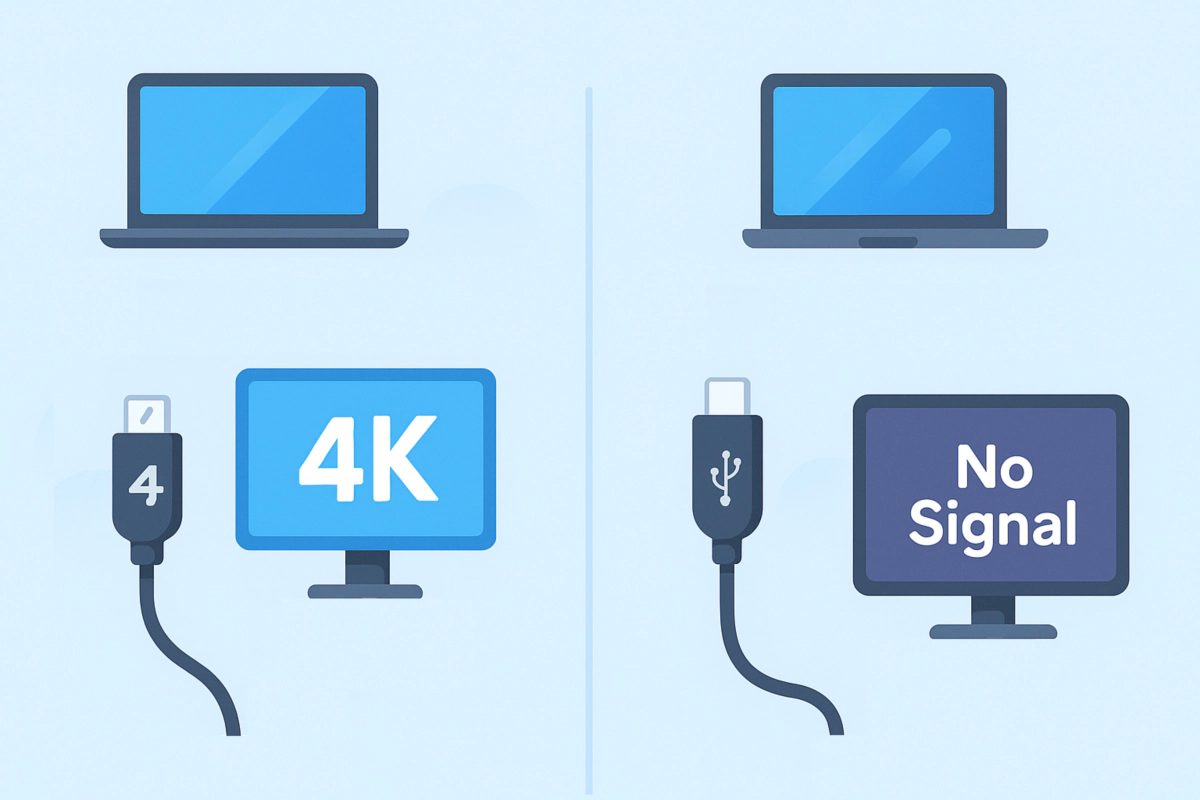 USB4와 일반 USB-C 케이블을 노트북과 모니터에 연결했을 때 영상 출력 지원 여부를 비교한 이미지