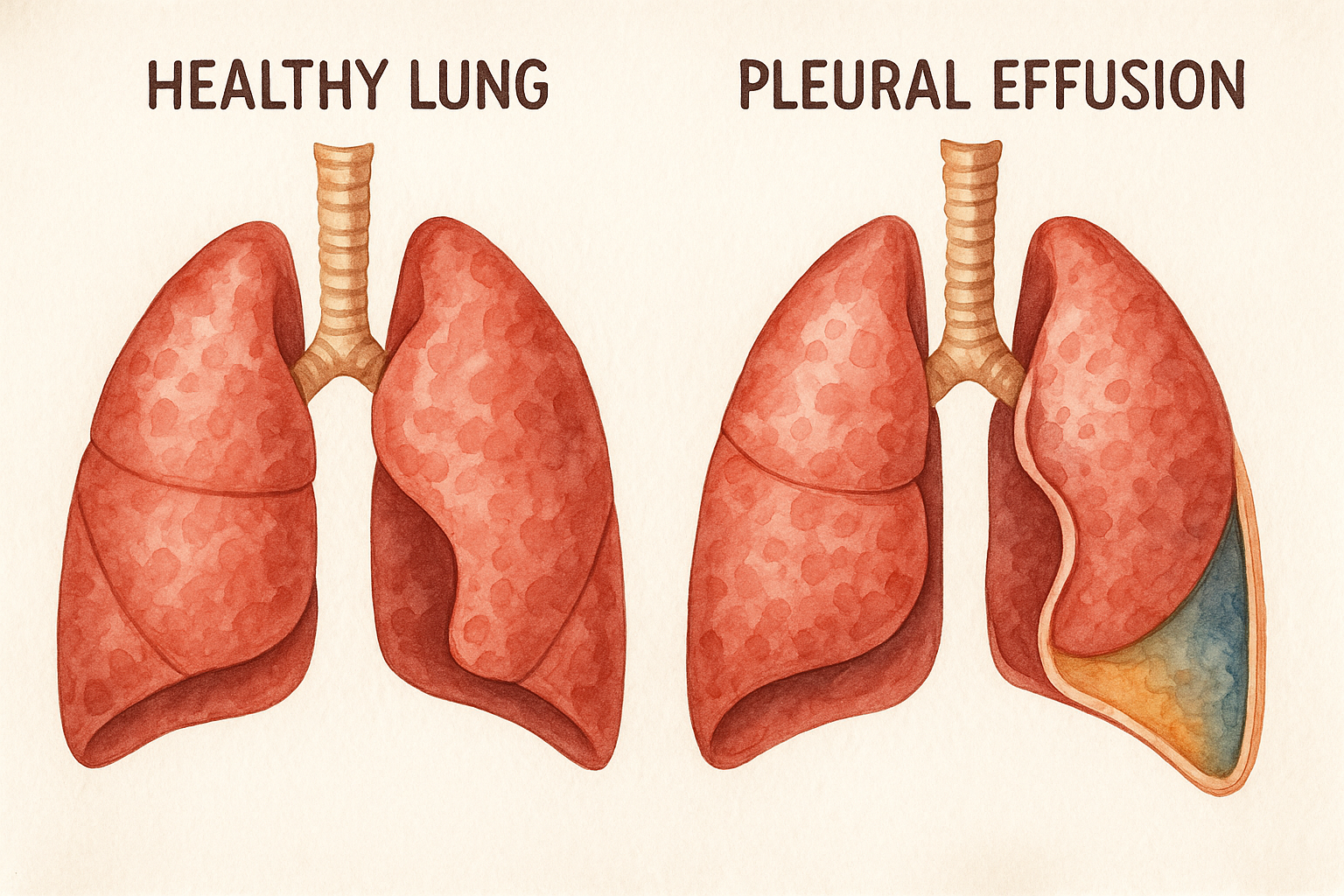 건강한 폐와 흉수(흉막삼출액)가 차오른 폐를 비교하는 의학 일러스트, 흉막강에 액체가 고인 모습을 보여줌