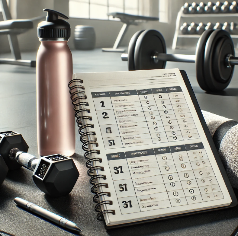 운동 루틴 플래너와 덤벨, 물병이 놓여 있는 헬스장 바닥 모습.