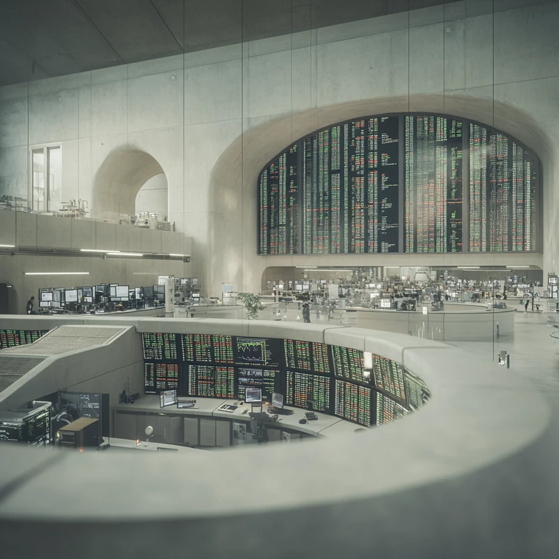 2025년 주식 시장 트렌드의 활발한 변화를 포착한 장면, 거래소의 열기와 그래프의 변동성을 통해 금융 세계의 역동성을 표현합니다.