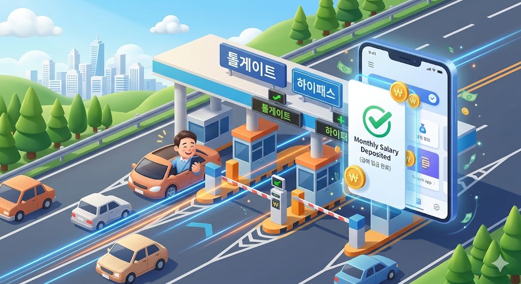 나들이 가는 아빠가 톨게이트 배경으로 스마트폰의 입금 알람을 보며 웃는 모습