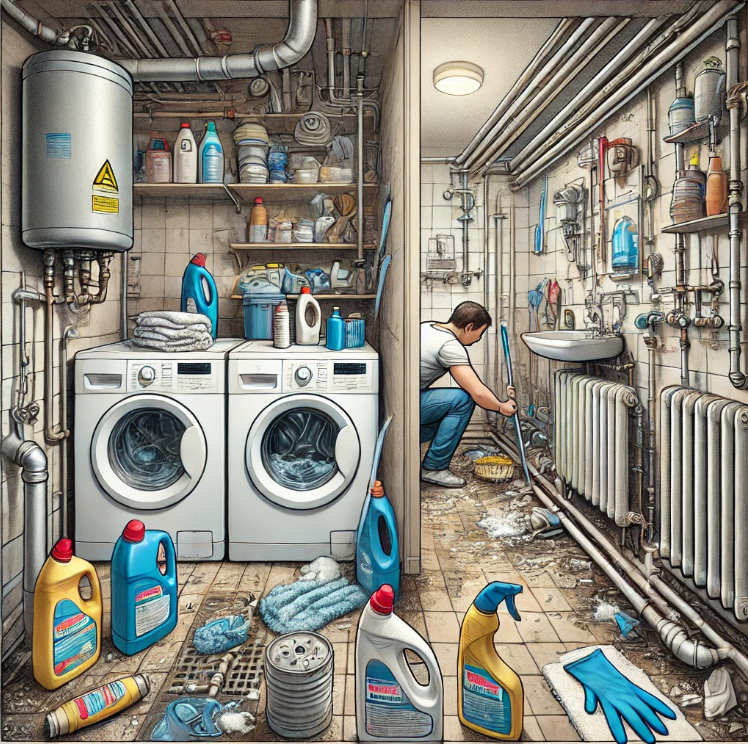 청소 도구로 먼지를 제거하는 모습