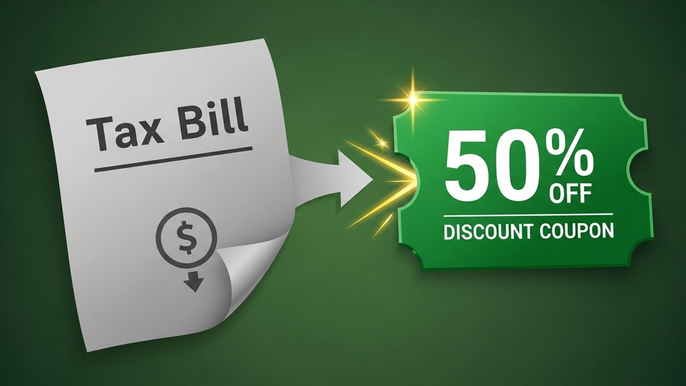 주택 취득세가 다자녀 혜택을 통해 절반으로 줄어드는 과정을 상징하는 직관적인 그래픽