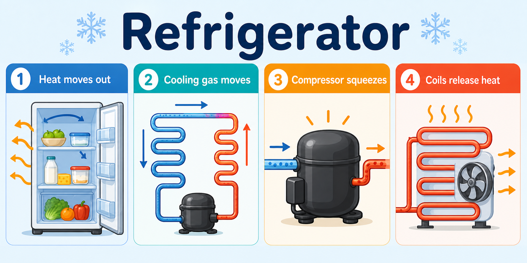 Infographic explaining refrigerator cooling cycle, heat moving out, compressor, coils, and cold food space