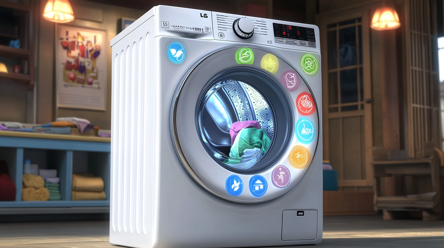 친환경 기능을 강조한 LG 트롬 세탁기의 에너지 절약 아이콘이 포함된 창의적인 일러스트, 생생한 색채와 밝은 조명이 특징입니다.