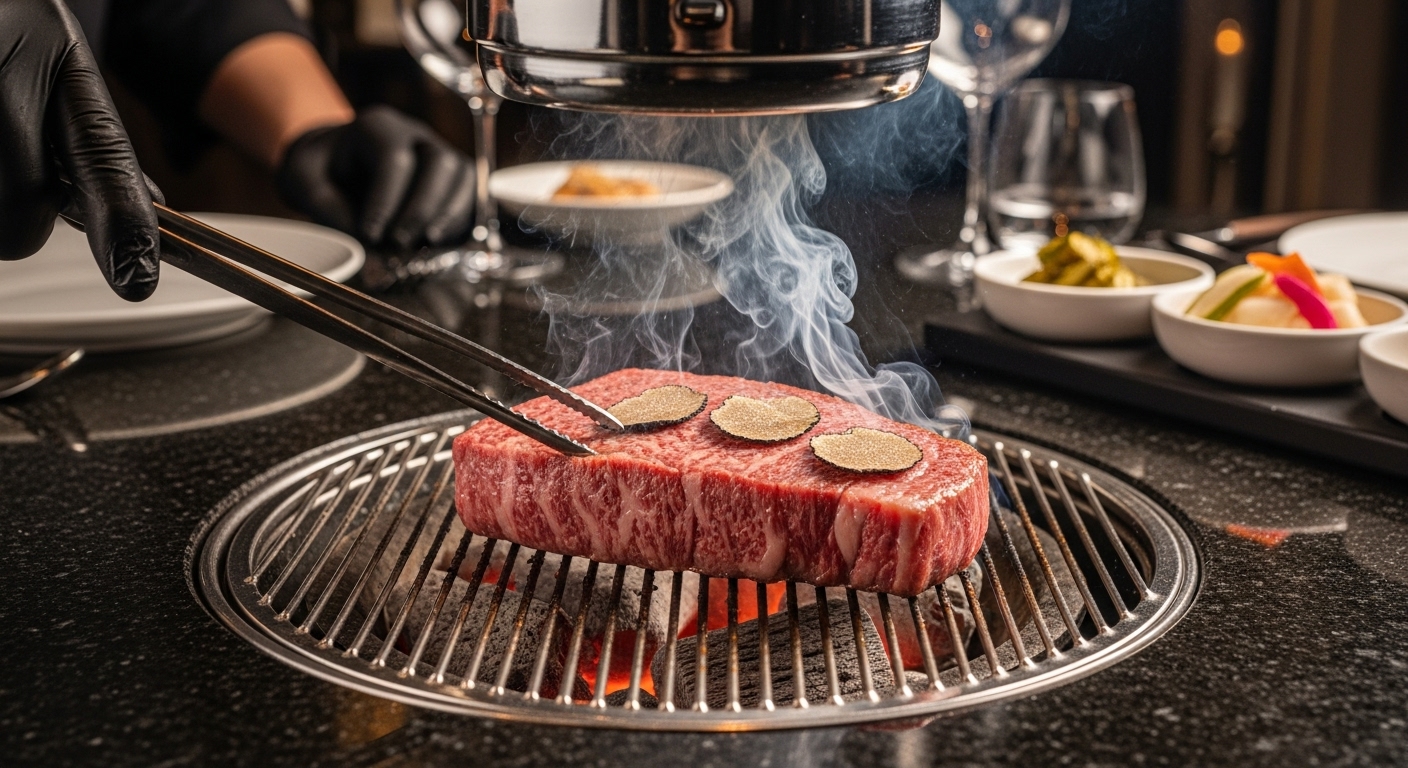 트러플과 함께 플레이팅된 최상급 한우 스테이크가 숯불 위에서 조리되는 장면
